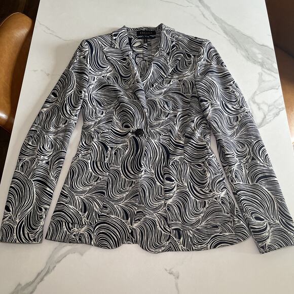 Escada Navy Blue Ivory Swirl Patterned Wool Blend Blazer Size 4 (US) 36 (EU) EUC - Picture 1 of 12